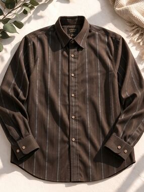 Mens Brown Striped Button Down Shirt Classic Minimalist Office Casual